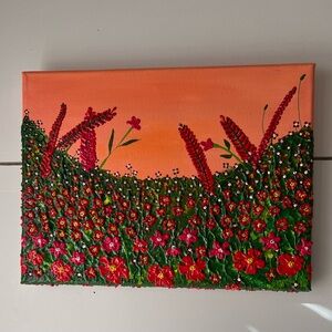 Red Floral Field Textured Acrylic Painting (8x10 Canvas)